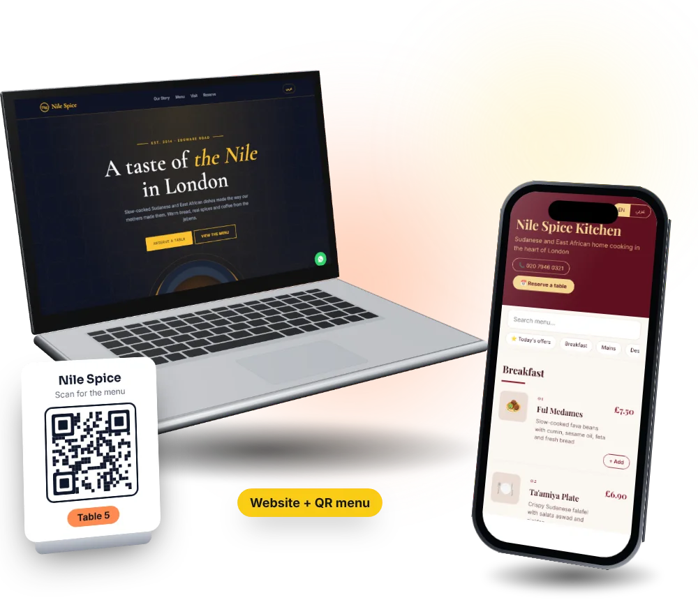 A Duo restaurant website on a laptop with its matching QR menu on a phone