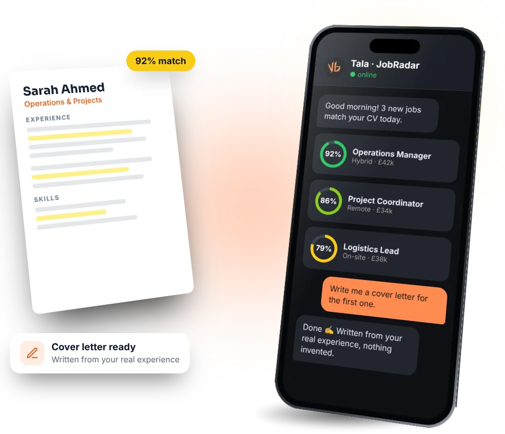 JobRadar sends jobs that match your CV with a match score and writes your cover letter