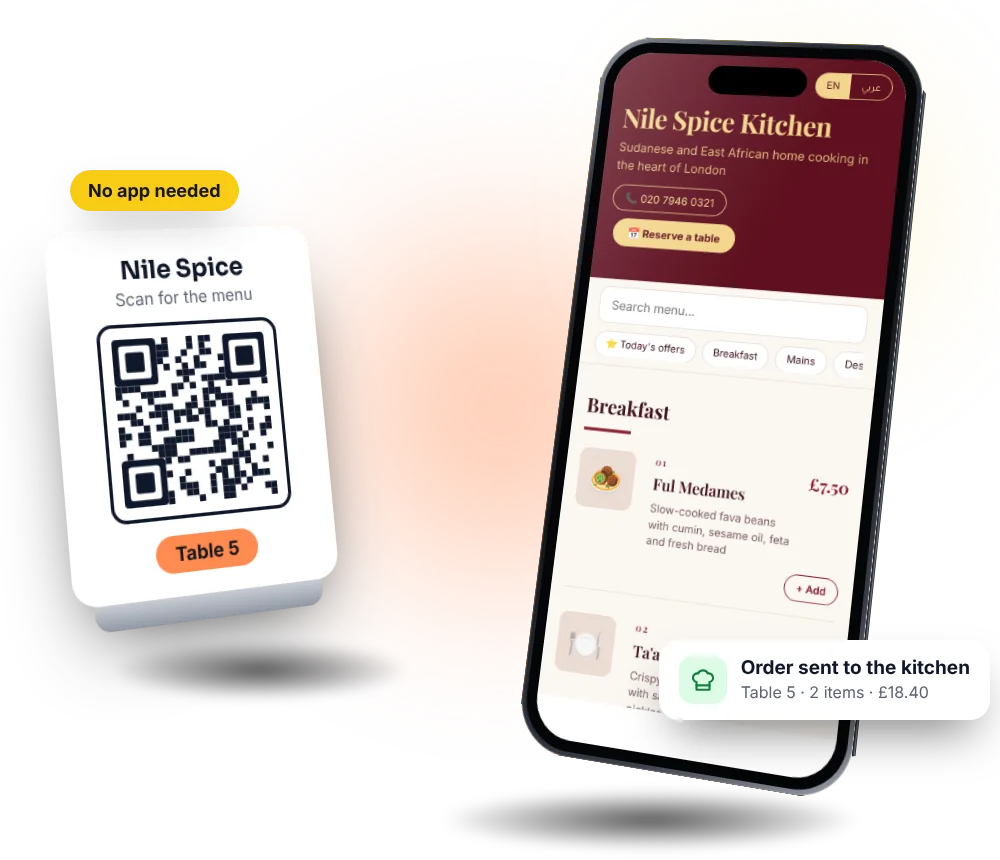 A MenuTap QR code on a table and the menu it opens on a phone, with an order sent to the kitchen