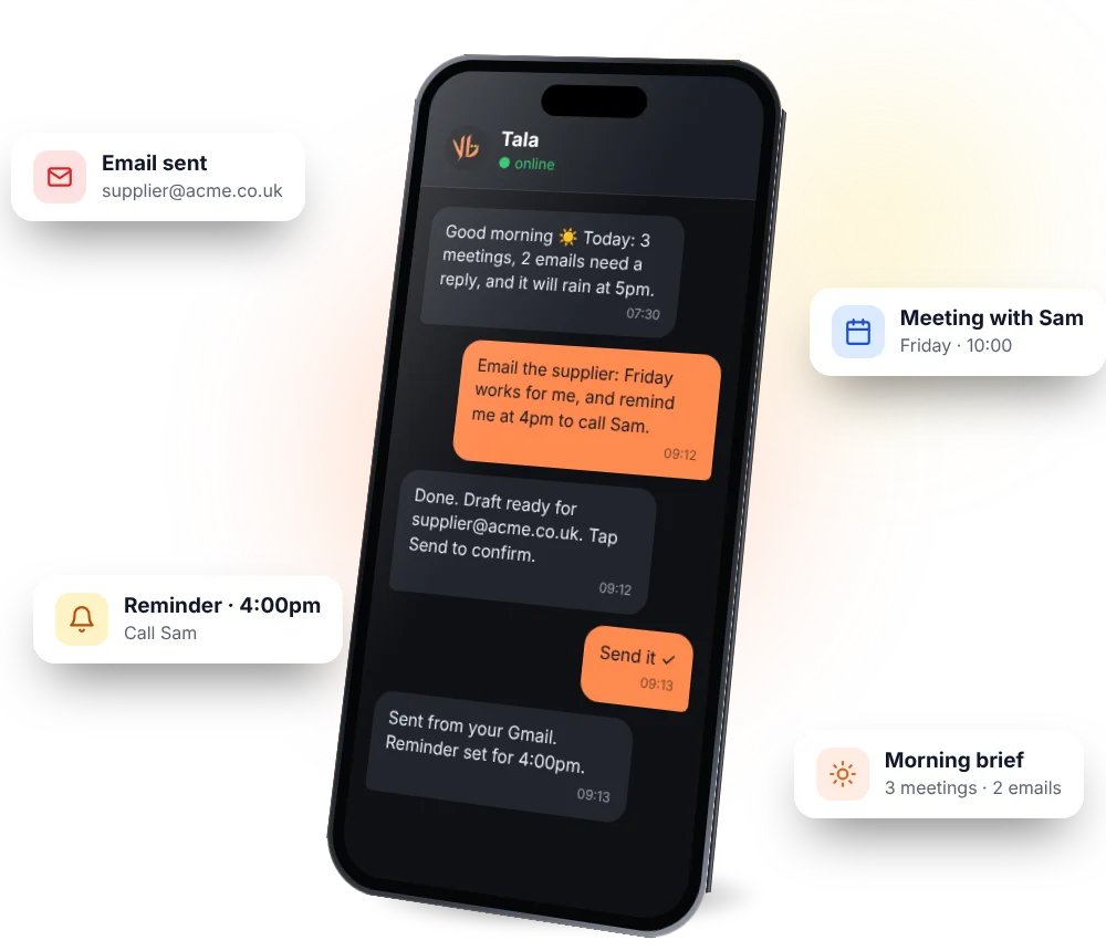Tala in WhatsApp: she sends your emails, books meetings and sets reminders