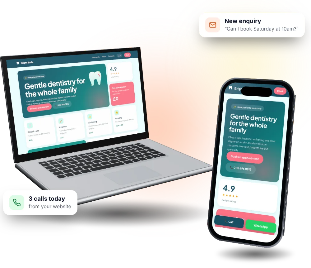 A Webly website on a laptop and a phone, with a new customer enquiry