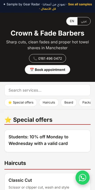 Sample MenuTap QR price list for a barber on a phone