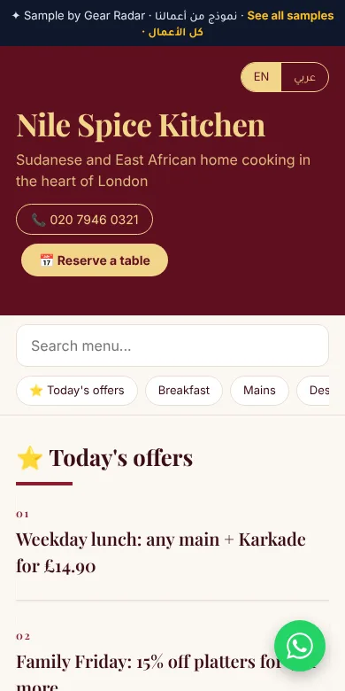 Sample MenuTap QR menu for a restaurant on a phone